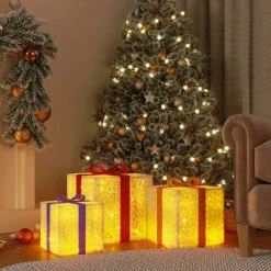 vidaXL Cajas de regalo Navidad iluminadas 3 uds 64 LEDs cálido Blanco Discount