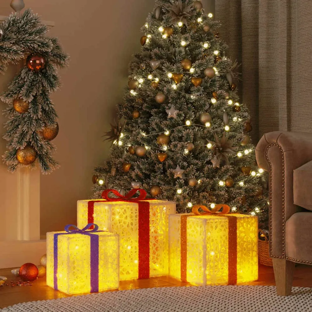 vidaXL Cajas de regalo Navidad iluminadas 3 uds 64 LEDs cálido Blanco Discount