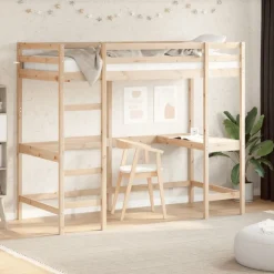 vidaXL Camas Y Accesorios-Cama alta con escritorio madera maciza de pino 100x200 cm