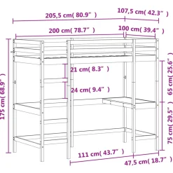 vidaXL Camas Y Accesorios-Cama alta con escritorio madera maciza de pino 100x200 cm