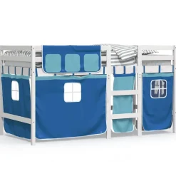 vidaXL Camas Y Accesorios-Cama alta para niños con cortinas madera pino azul 90x190 cm