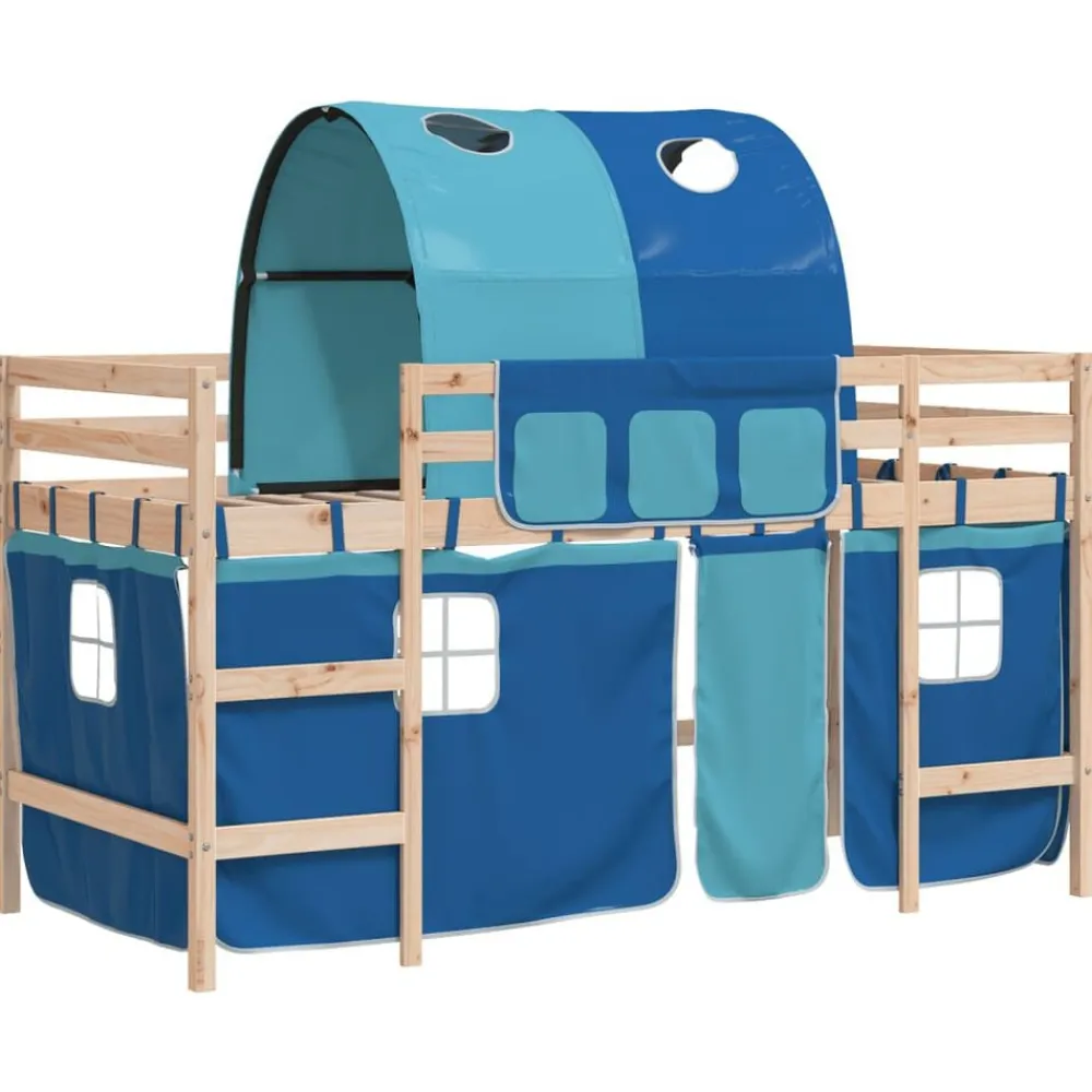 vidaXL Cama alta para niños con túnel madera pino azul 80x200 cm Natural y azul