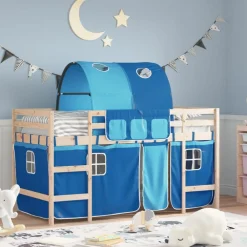vidaXL Cama alta para niños con túnel madera pino azul 80x200 cm Natural y azul