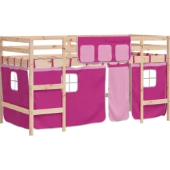 vidaXL Camas Y Accesorios-Cama alta para niños con cortinas madera pino rosa 80x200 cm