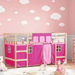 vidaXL Camas Y Accesorios-Cama alta para niños con cortinas madera pino rosa 80x200 cm