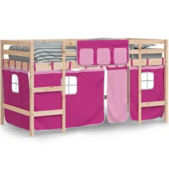 vidaXL Camas Y Accesorios-Cama alta para niños con cortinas madera pino rosa 80x200 cm