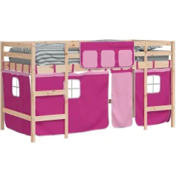 vidaXL Camas Y Accesorios-Cama alta para niños con cortinas madera pino rosa 80x200 cm