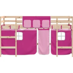vidaXL Camas Y Accesorios-Cama alta para niños con cortinas madera pino rosa 80x200 cm