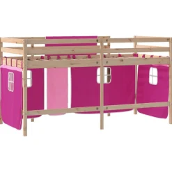 vidaXL Camas Y Accesorios-Cama alta para niños con cortinas madera pino rosa 80x200 cm