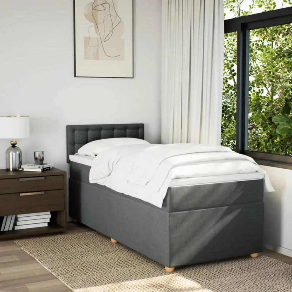 vidaXL Cama box spring individual con colchón tela Gris oscuro