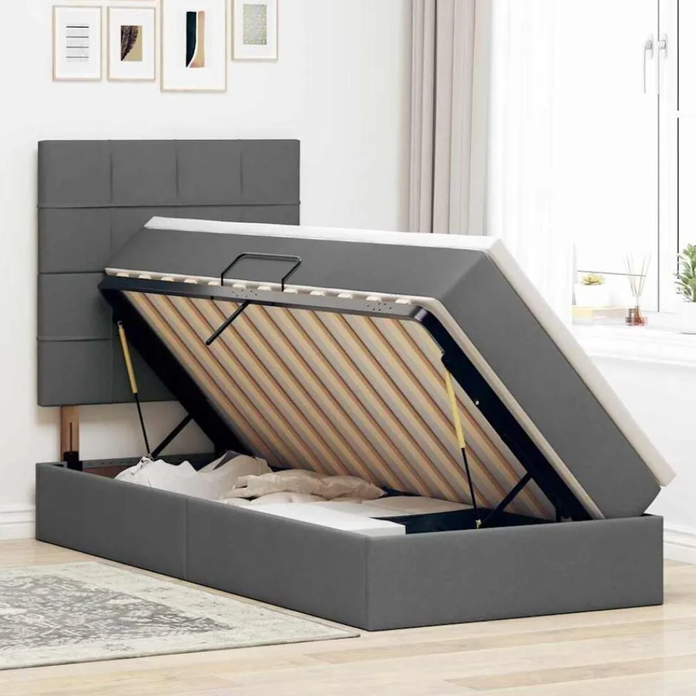 vidaXL Cama con almacenamiento y LED 90 x 190 cm Poliéster Gris oscuro New