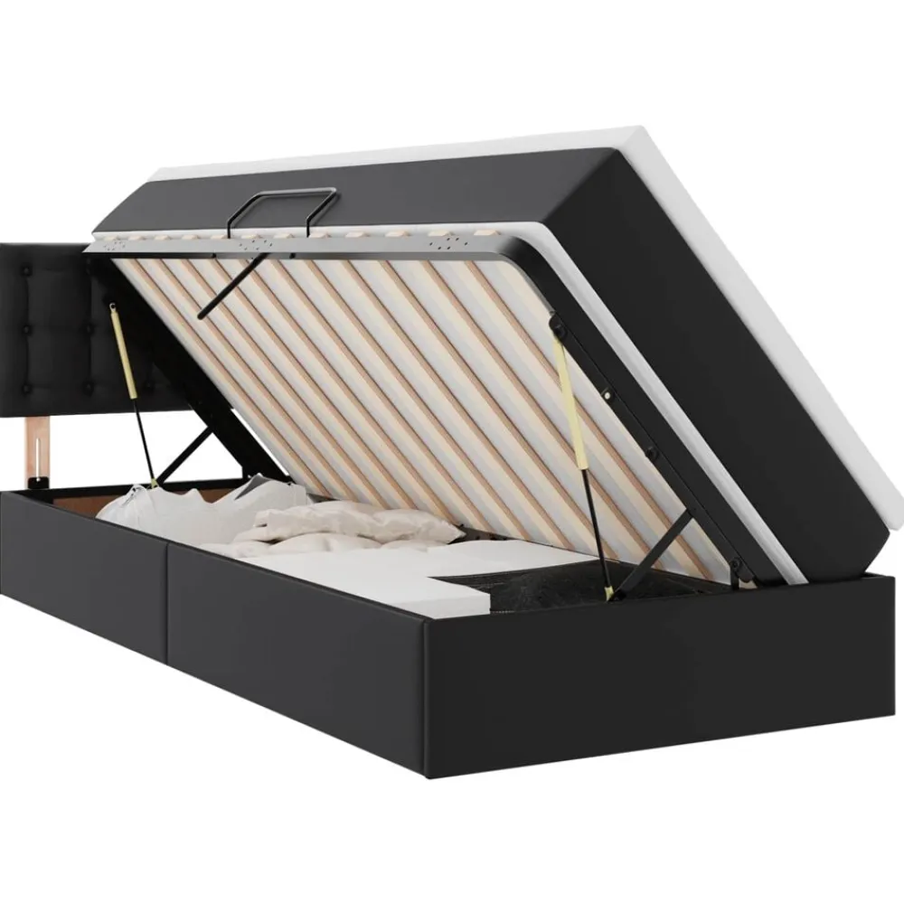 vidaXL Cama con almacenamiento y LED 90 x 190 cm Cuero sintético Negro Outlet