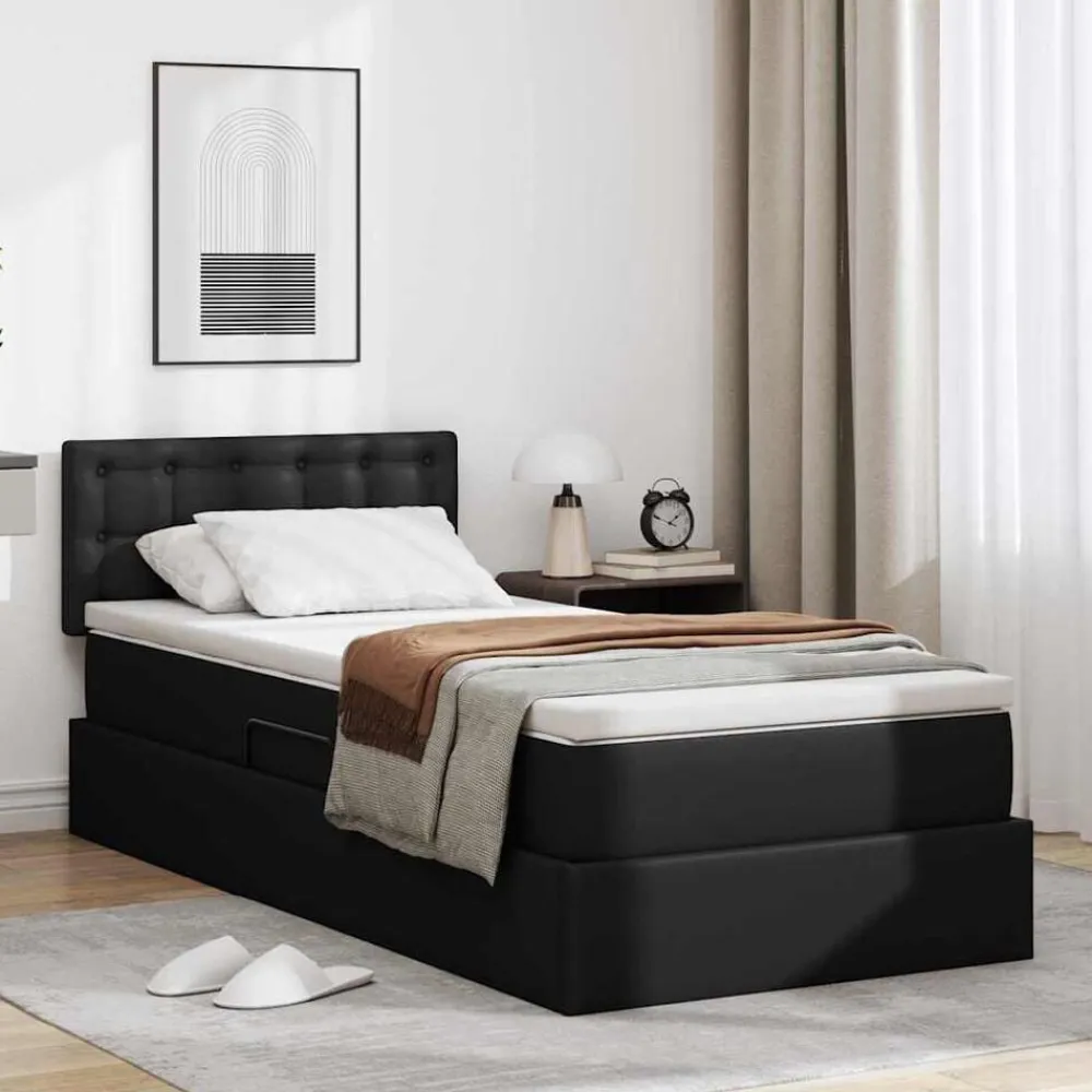 vidaXL Cama con almacenamiento y LED 90 x 190 cm Cuero sintético Negro Outlet