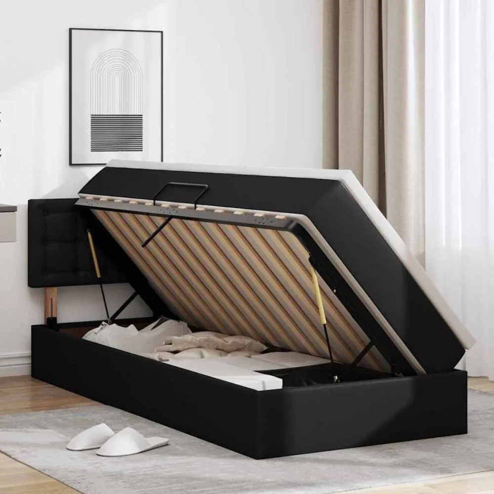 vidaXL Cama con almacenamiento y LED 90 x 190 cm Cuero sintético Negro Outlet