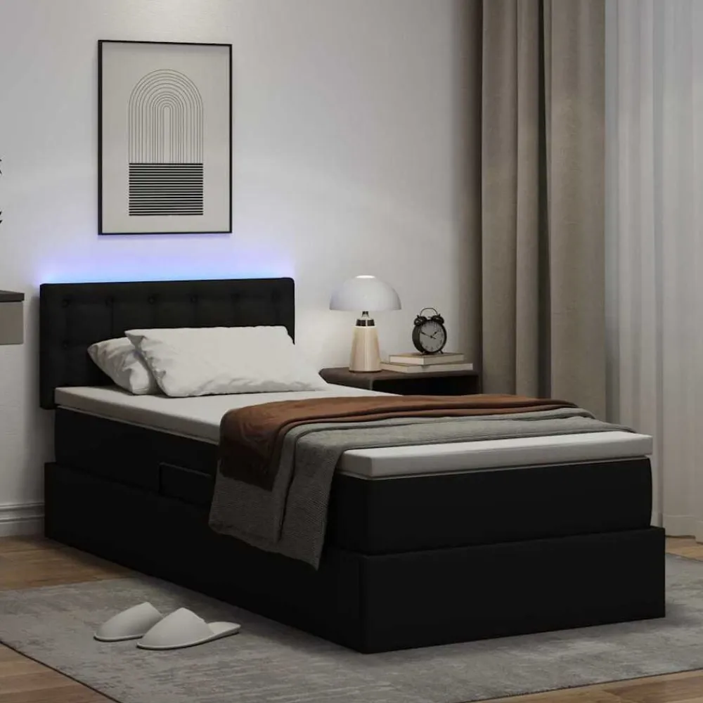 vidaXL Cama con almacenamiento y LED 90 x 190 cm Cuero sintético Negro Outlet