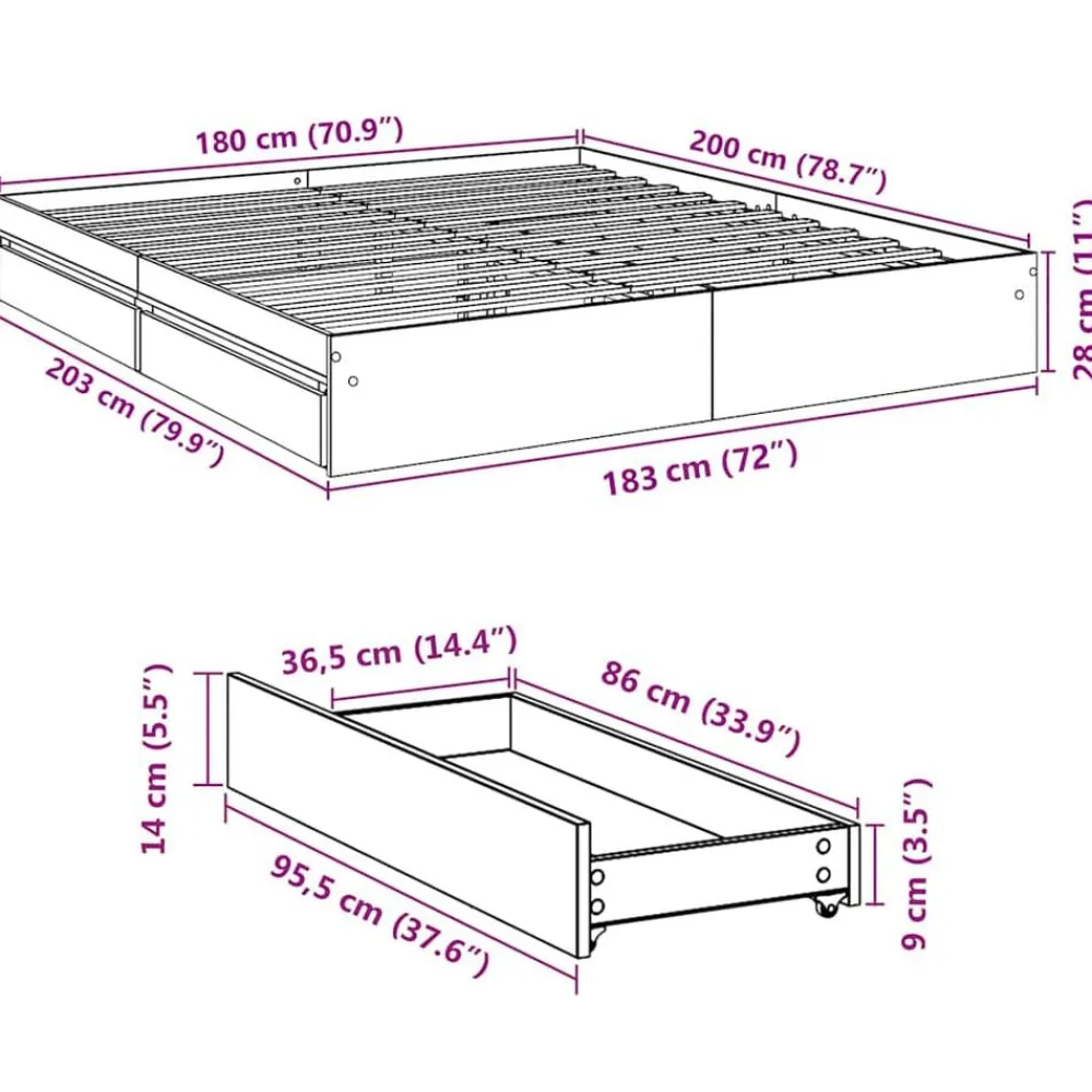 vidaXL Camas Y Accesorios-Cama con cajones madera ingeniería 180x200 cm