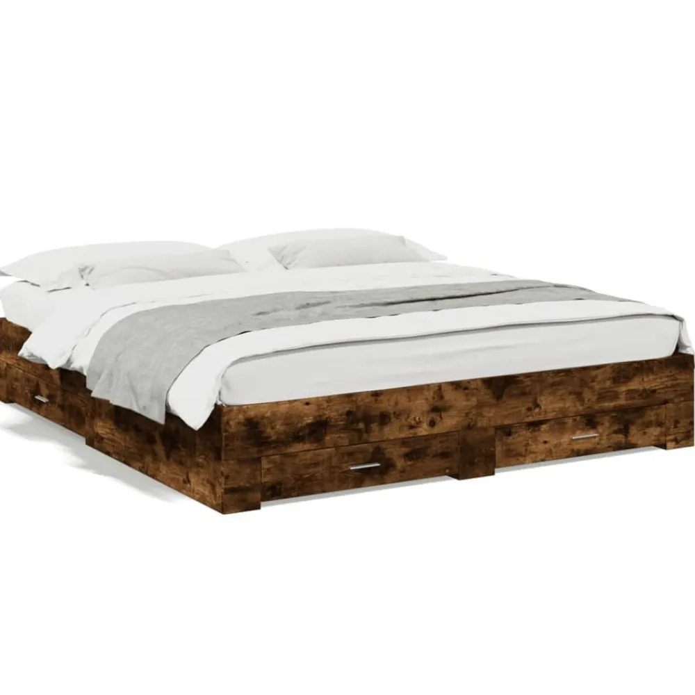 vidaXL Cama con cajones madera de ingeniería 200x200 cm Roble ahumado Sale