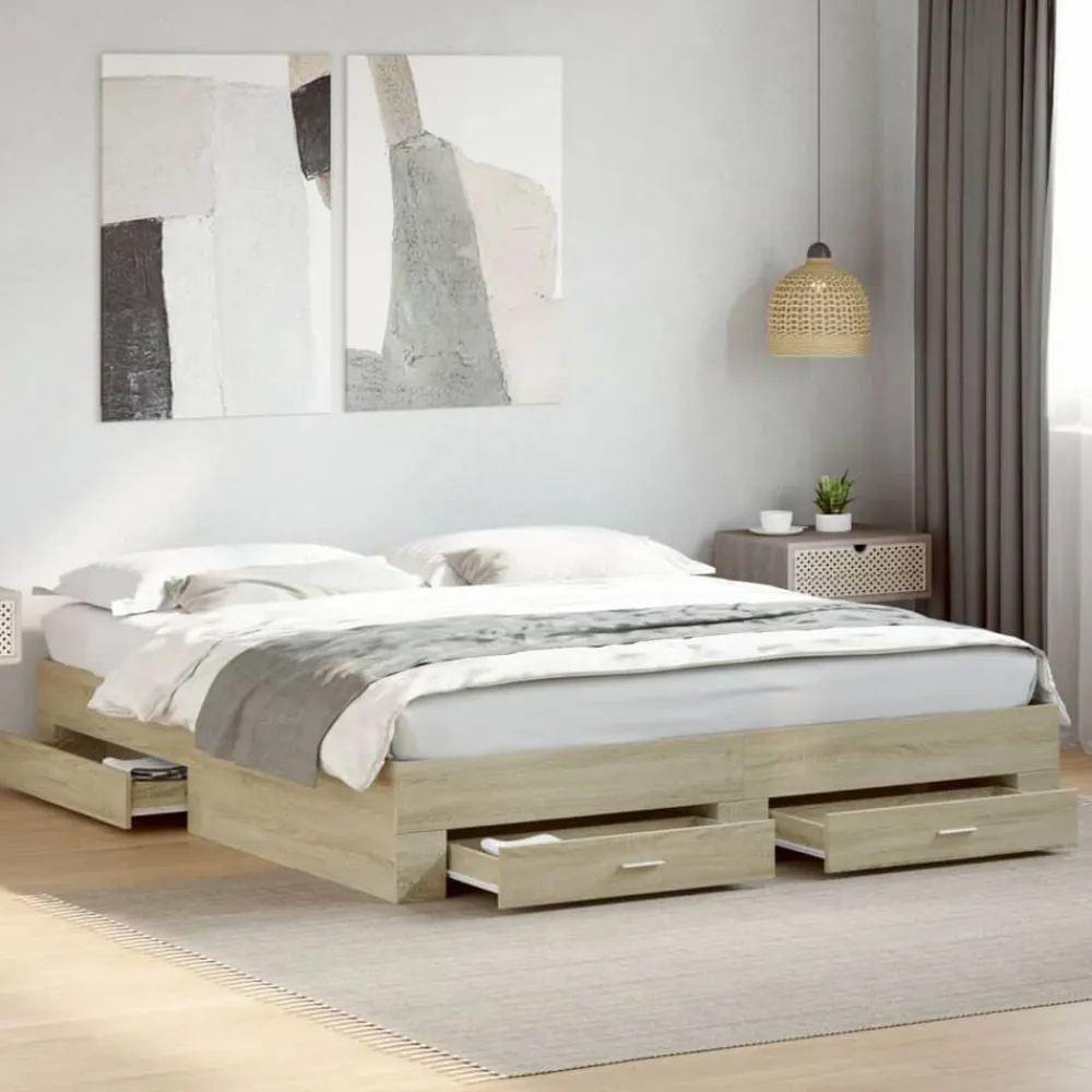 vidaXL Cama con cajones madera ingeniería 200x200 cm Roble Sonoma Clearance