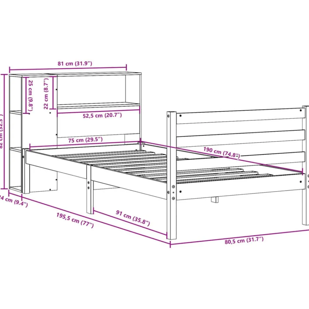 vidaXL Cama con estantería sin colchón madera maciza blanca 75x190 cm Blanco Best