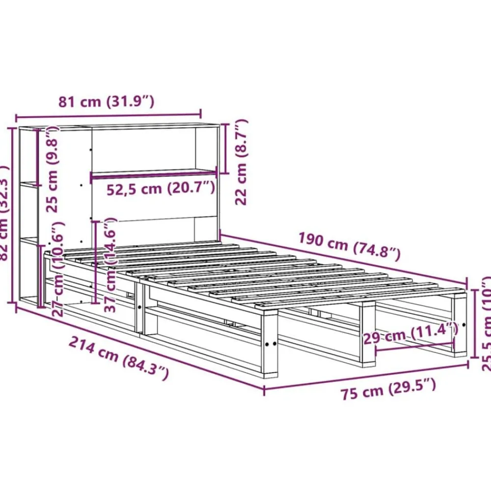 vidaXL Cama con estantería sin colchón madera maciza blanca 75x190 cm Blanco Best
