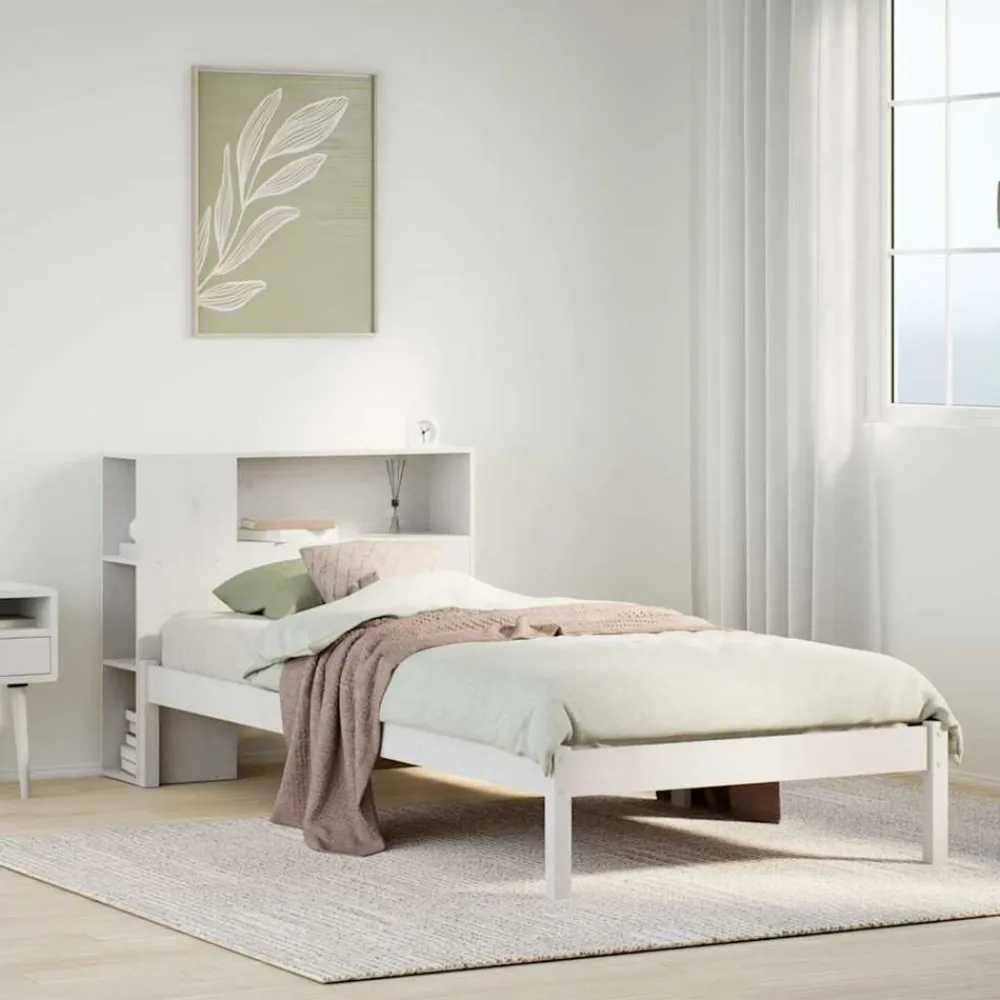 vidaXL Camas Y Accesorios-Cama con estantería sin colchón madera maciza blanca 75x190 cm