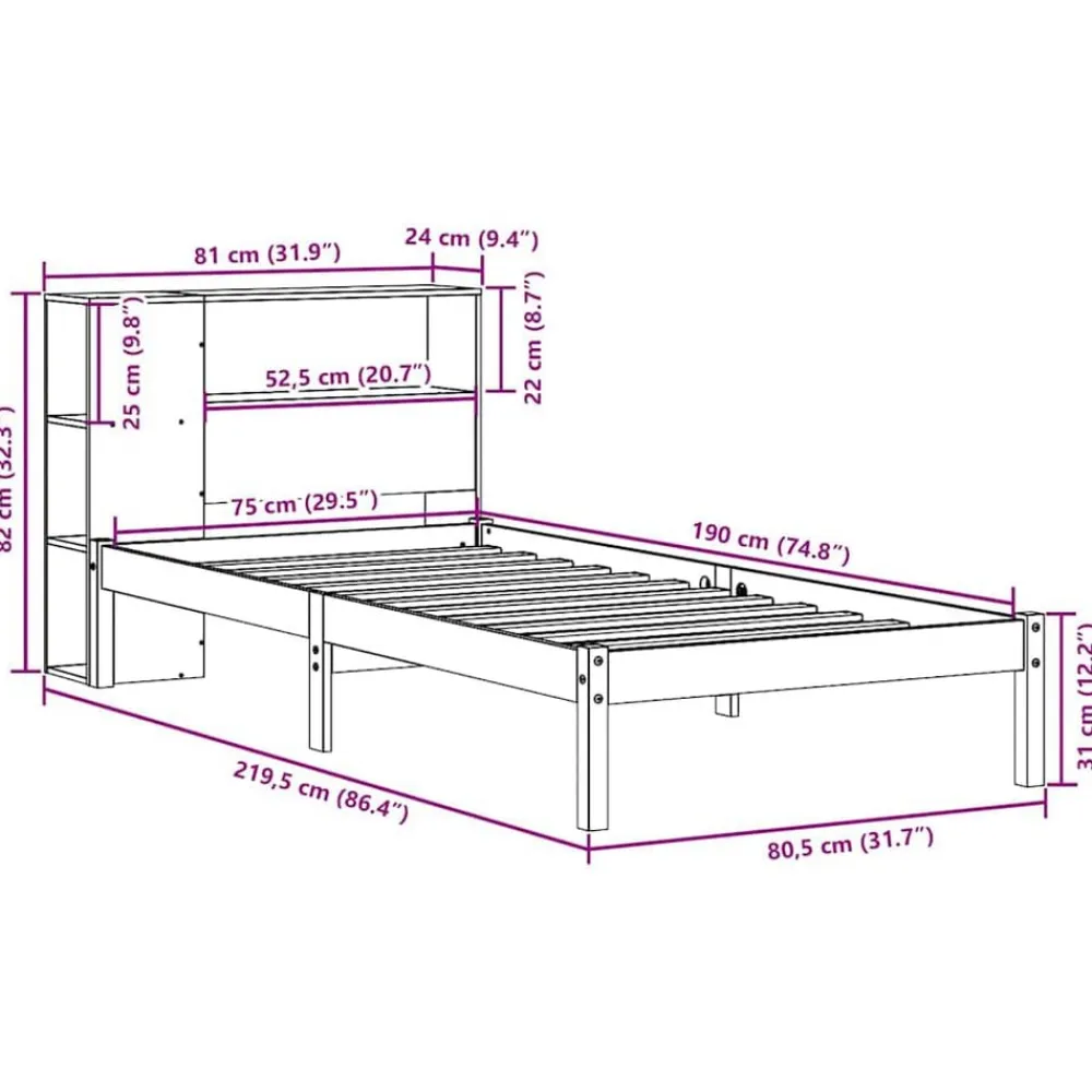 vidaXL Camas Y Accesorios-Cama con estantería sin colchón madera maciza blanca 75x190 cm