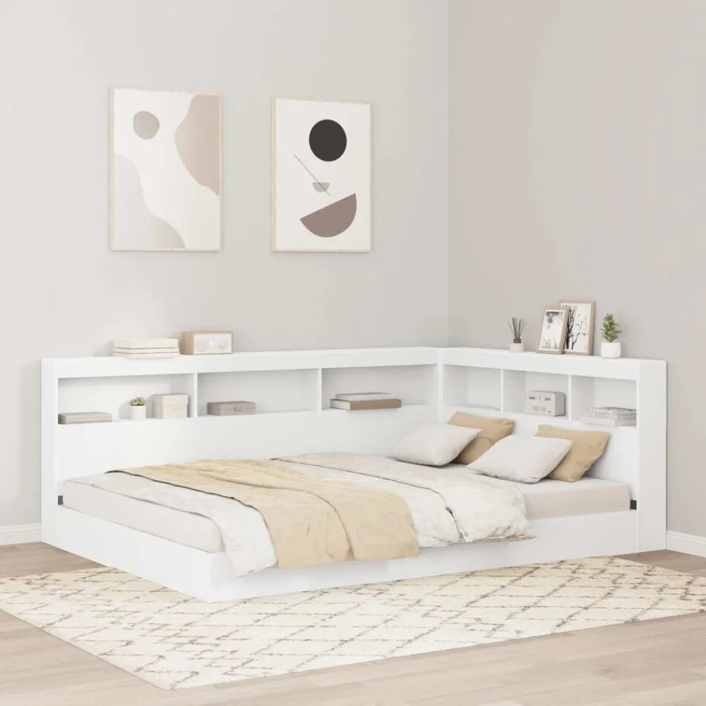 vidaXL Cama con Estantería 140 x 200 cm Madera contrachapada Blanco Online