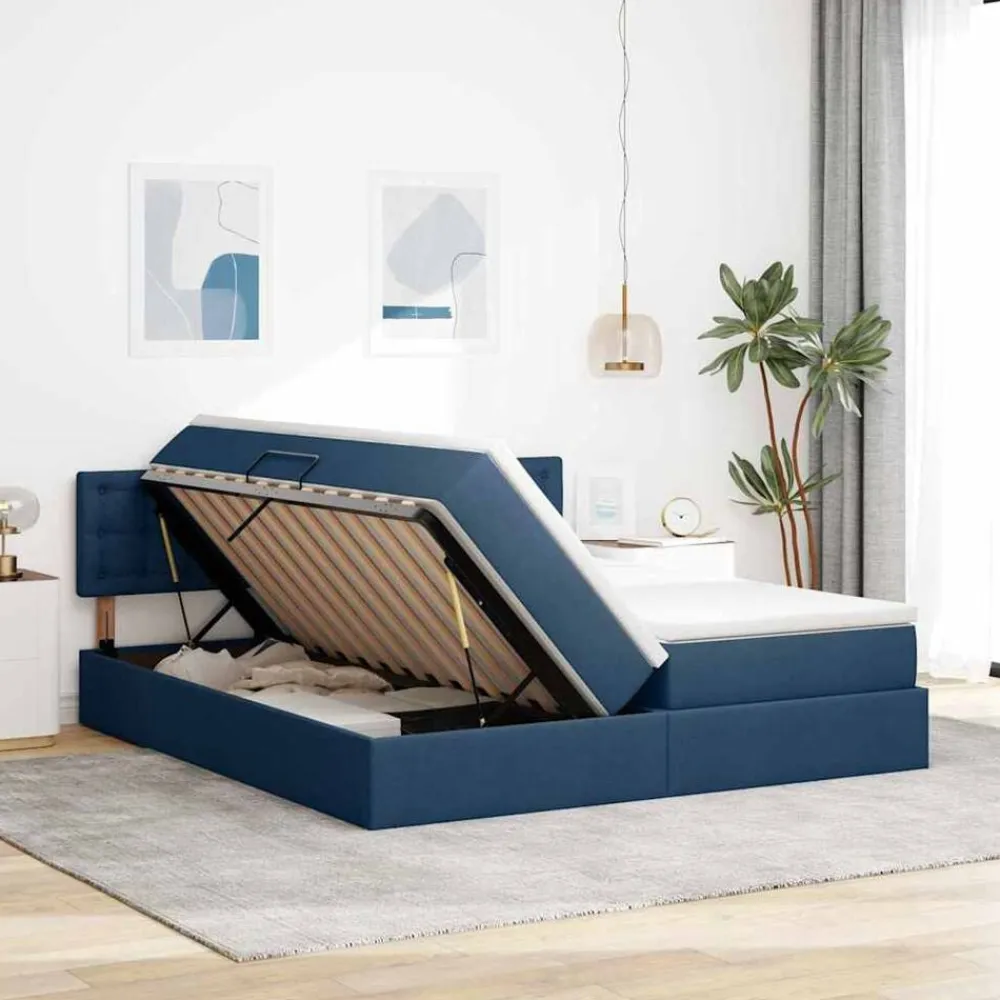 vidaXL Cama con tira de luces LED con cabecera 180 x 200 cm tela Azul New