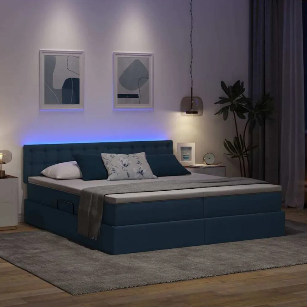 vidaXL Cama con tira de luces LED con cabecera 180 x 200 cm tela Azul New