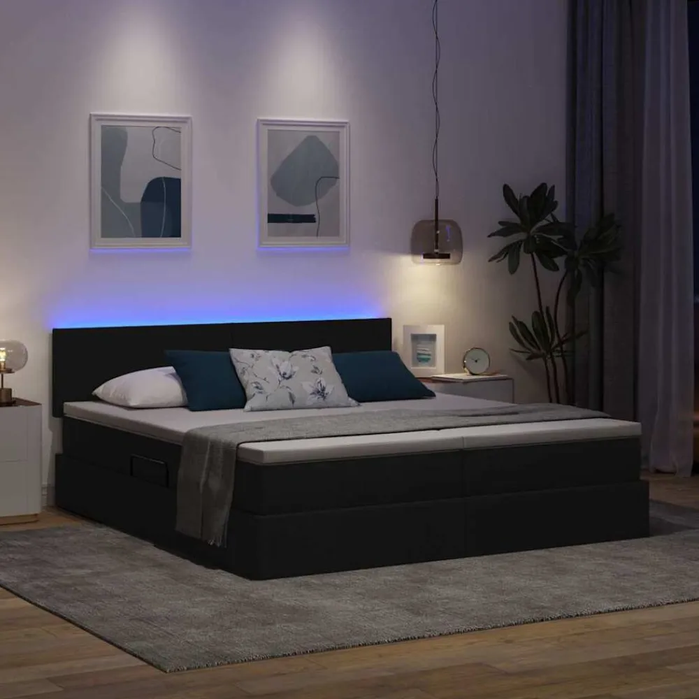 vidaXL Cama con tira de luces LED con cabecera 180 x 200 cm tela Negro Best