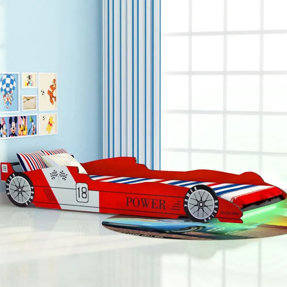 vidaXL Cama infantil con forma de coche carreras y LED 90x200 cm roja Rojo Sale