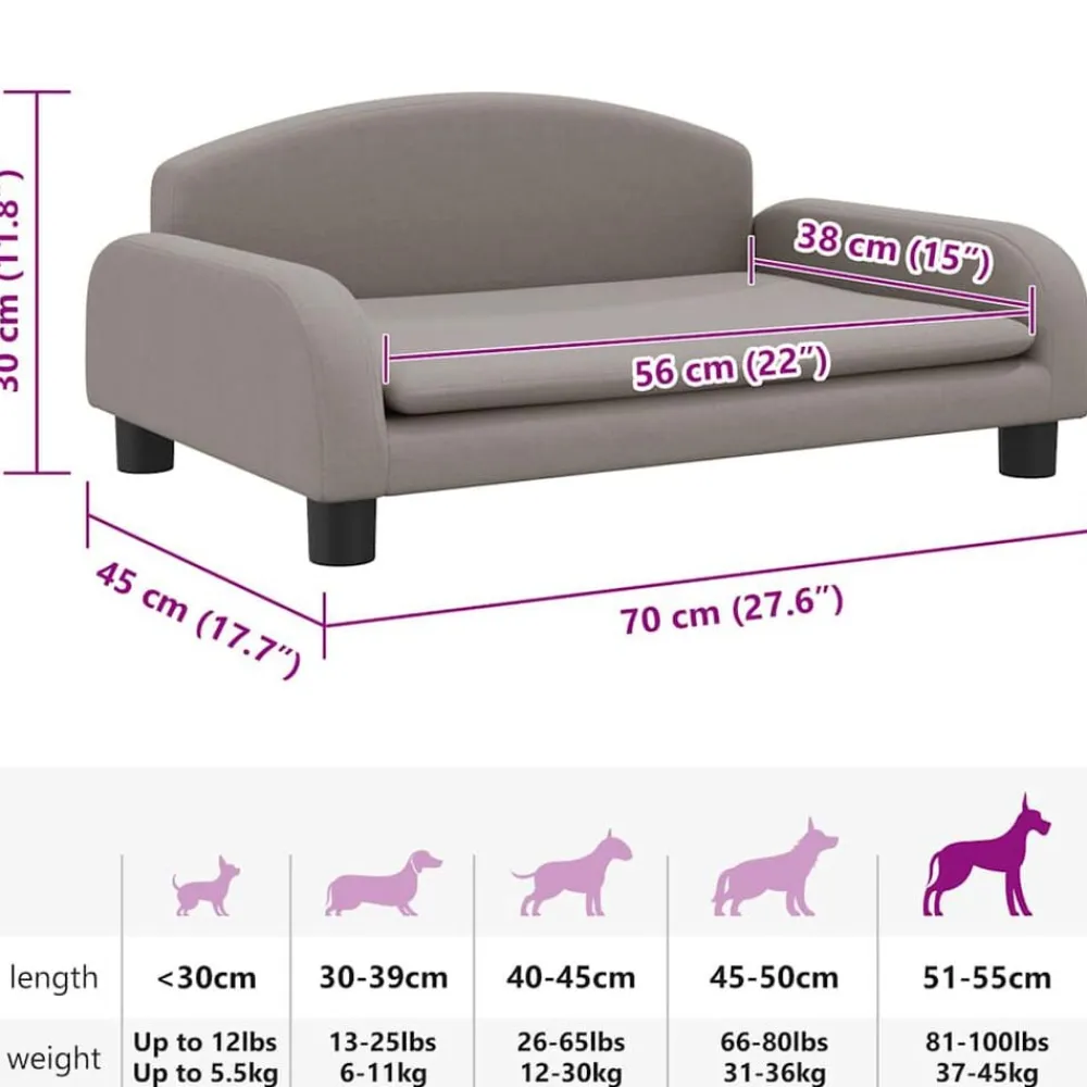 vidaXL Cama para perros de tela gris 70x45x30 cm Taupé New
