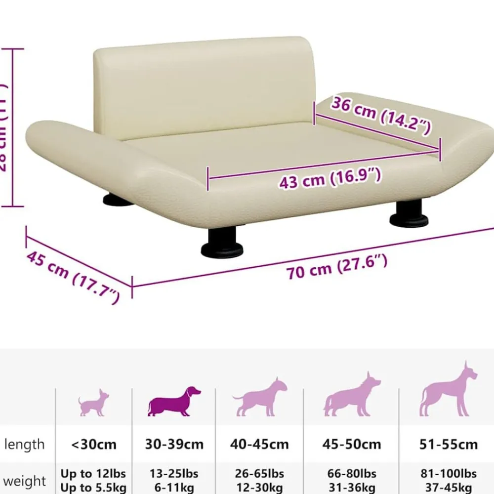 vidaXL Cama para perros de cuero sintético 70x45x28 cm Crema New
