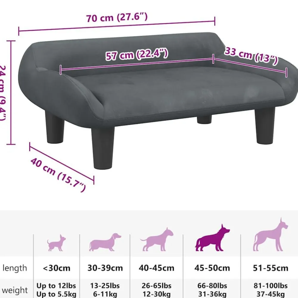vidaXL Cama para perros de terciopelo 70x40x24 cm Gris oscuro Best