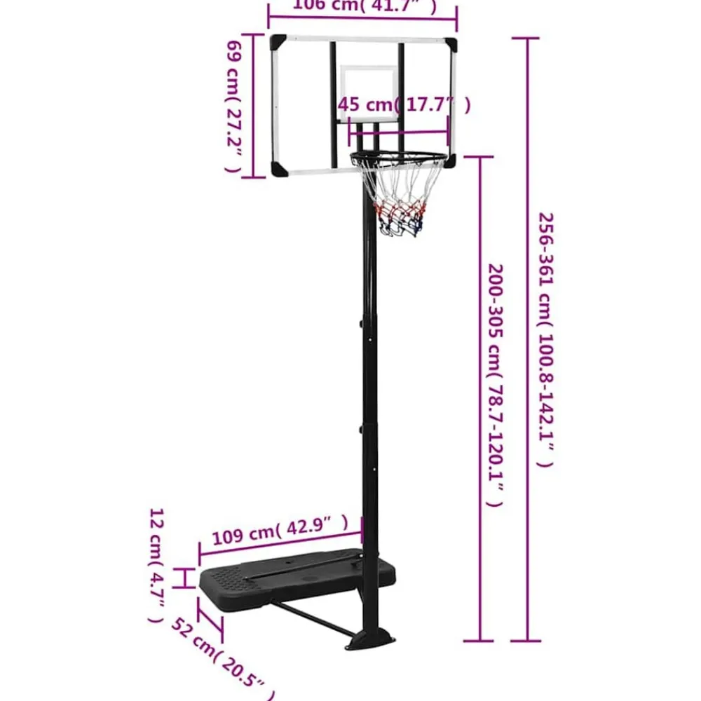 vidaXL Canasta de baloncesto policarbonato transparente 256-361 cm