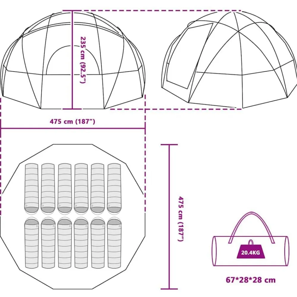 vidaXL Actividades Al Aire Libre-Carpa de cúpula 475 x 475 x 235 cm tafetán