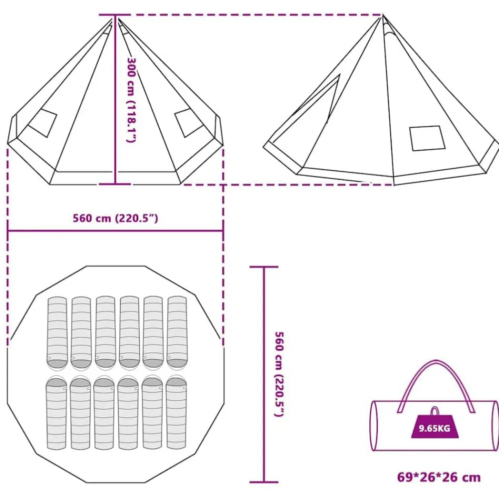 vidaXL Actividades Al Aire Libre-Carpa Tipi con techo 560 x 560 x 300 cm tafetán