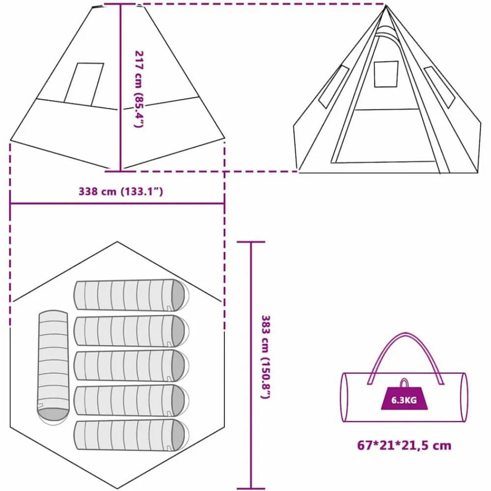 vidaXL Actividades Al Aire Libre-Carpa Tipi con techo 383 x 338 x 217 cm tafetán