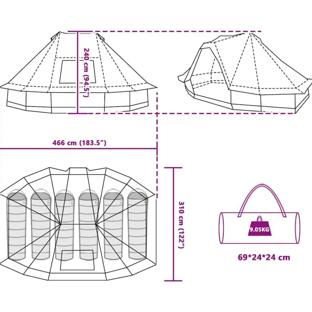 vidaXL Actividades Al Aire Libre-Carpa Tipi con techo 466 x 310 x 240 cm tafetán