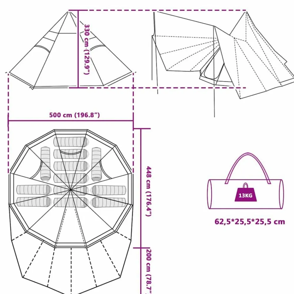 vidaXL Actividades Al Aire Libre-Carpa Tipi con techo 510 x 690 x 330 cm tafetán