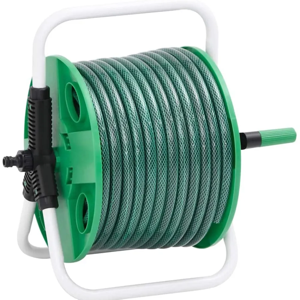 vidaXL Accesorios De Bricolaje-Carrete de manguera de pie con set racores PVC verde 0,5" 20 m