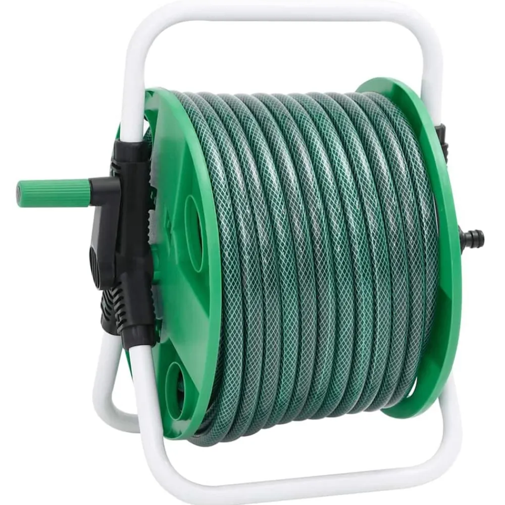 vidaXL Accesorios De Bricolaje-Carrete de manguera de pie con set racores PVC verde 0,5" 20 m