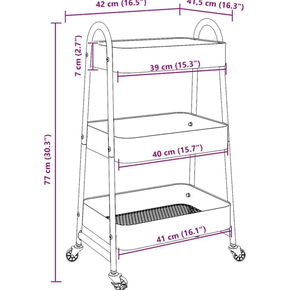 vidaXL Carrito de almacenaje 3 niveles acero 42x41,5x77 cm Negro Best