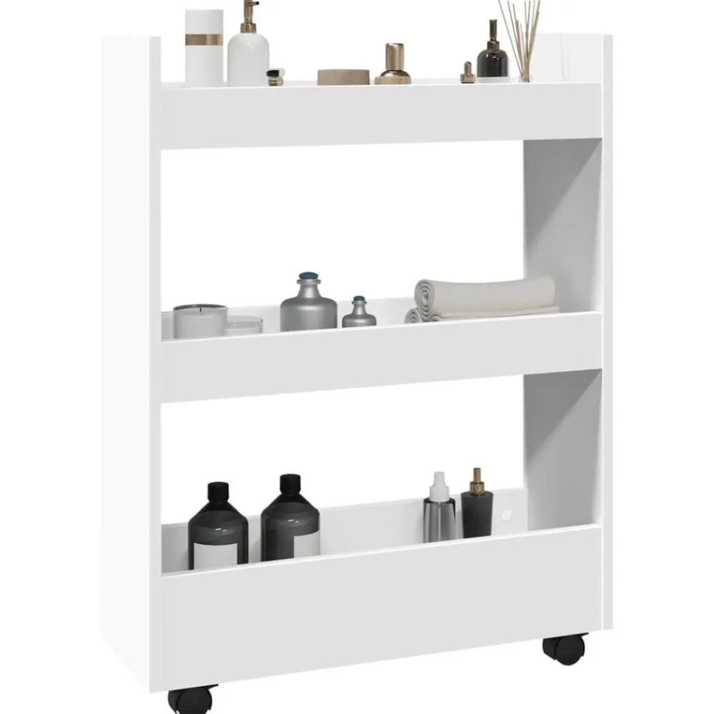 vidaXL Carrito de almacenaje estrecho de 3 niveles de madera de ingeniería blanca Blanco Outlet