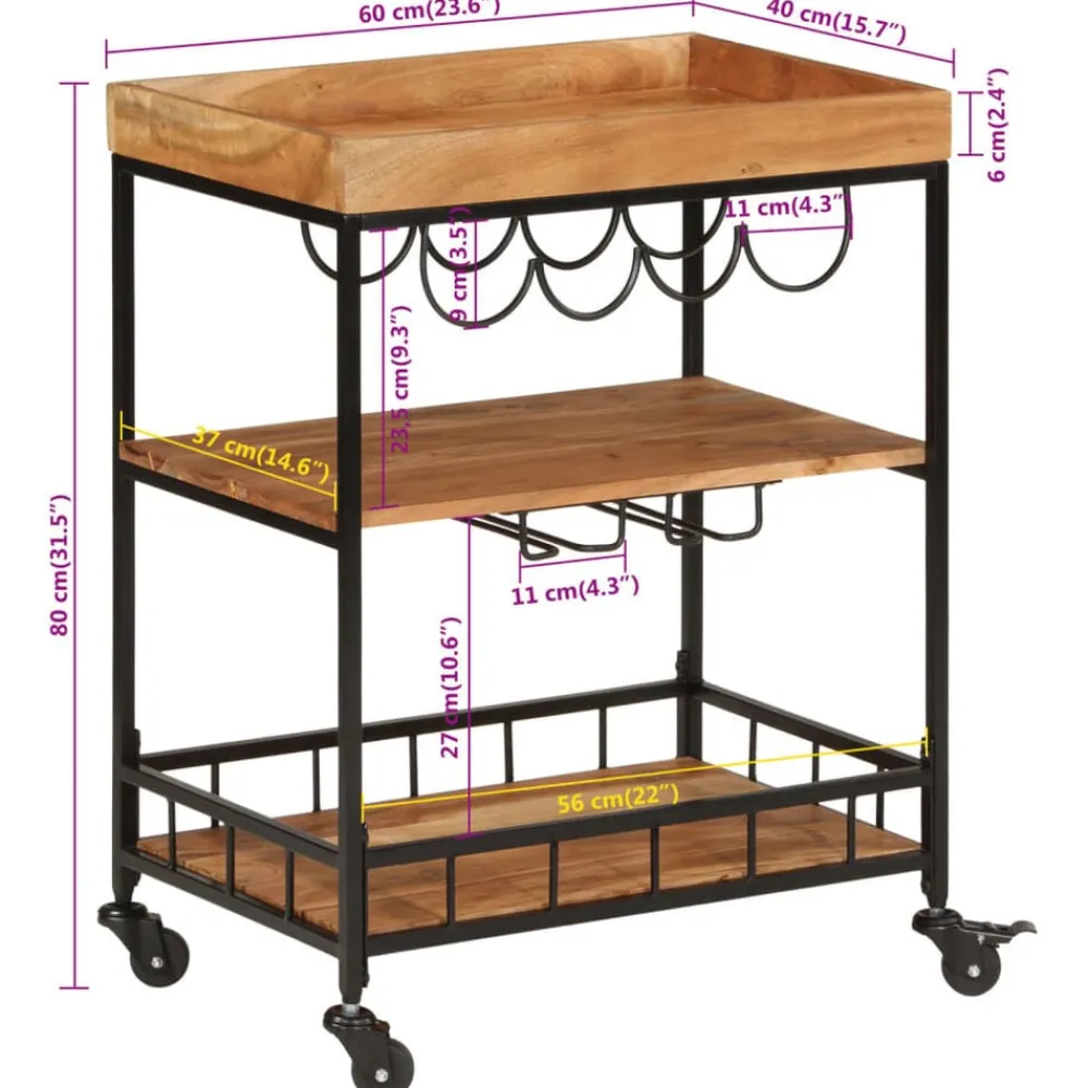 vidaXL Carros E Islas-Carrito de bar de madera maciza de acacia y hierro 60x40x80 cm