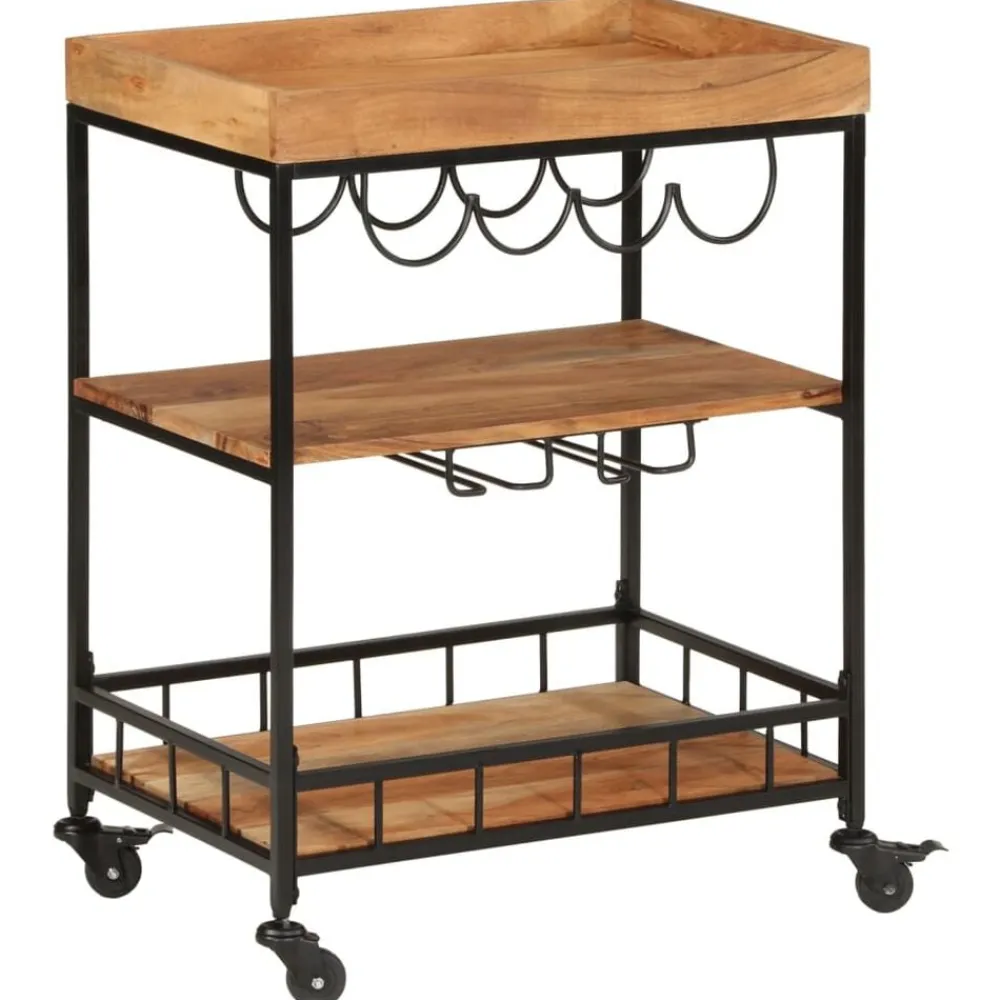 vidaXL Carros E Islas-Carrito de bar de madera maciza de acacia y hierro 60x40x80 cm