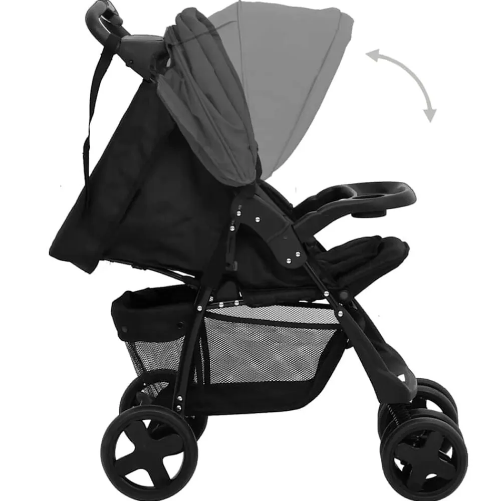 Niños vidaXL Transporte De Bebés-Carrito de bebés 2 en 1 de acero y negro