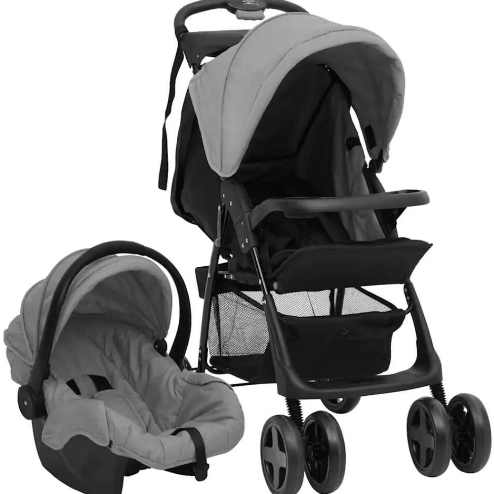 vidaXL Carrito de bebés 3 en 1 de acero y negro Gris claro Clearance