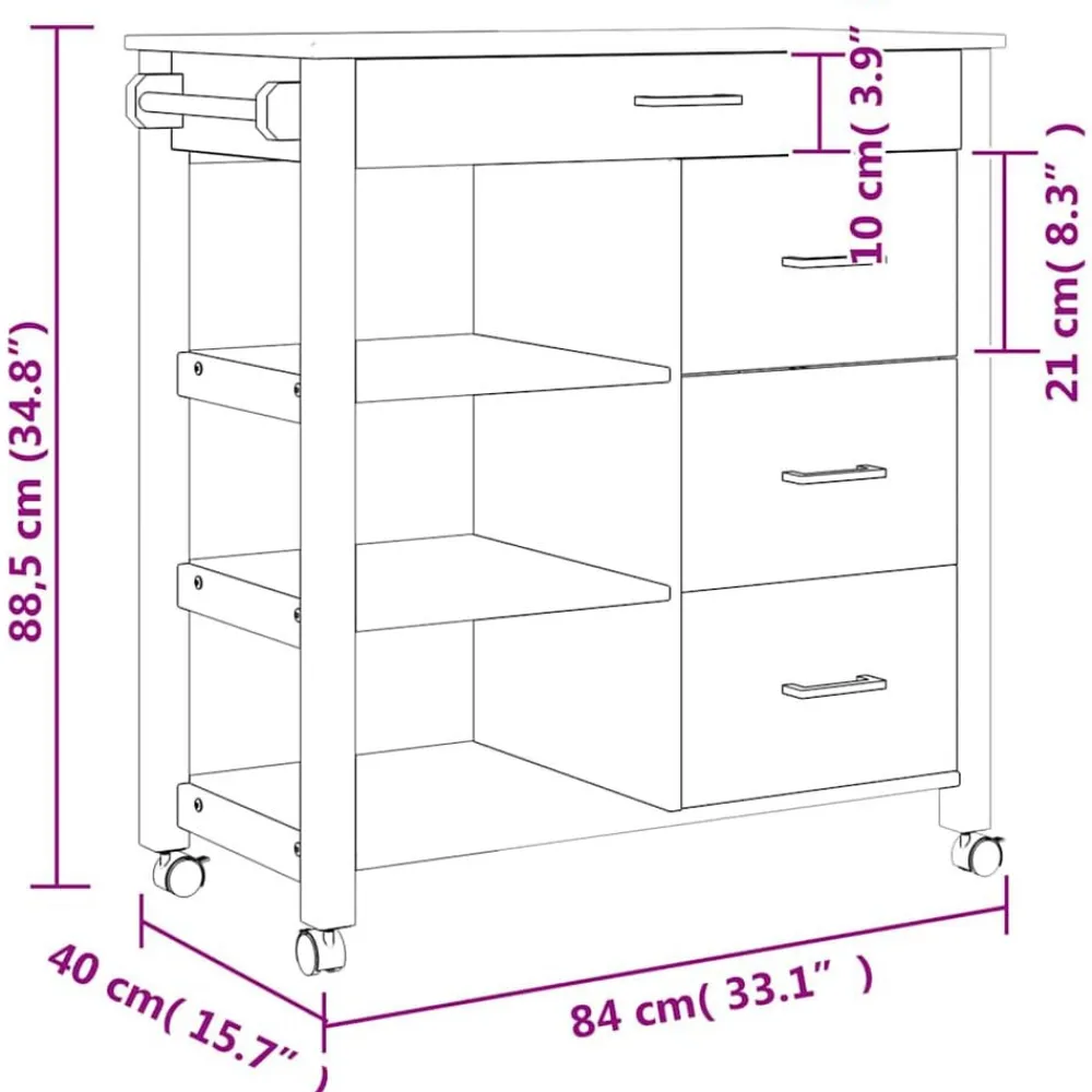 vidaXL Carros E Islas-Carrito de cocina MONZA madera maciza de pino 84x40x88,5 cm