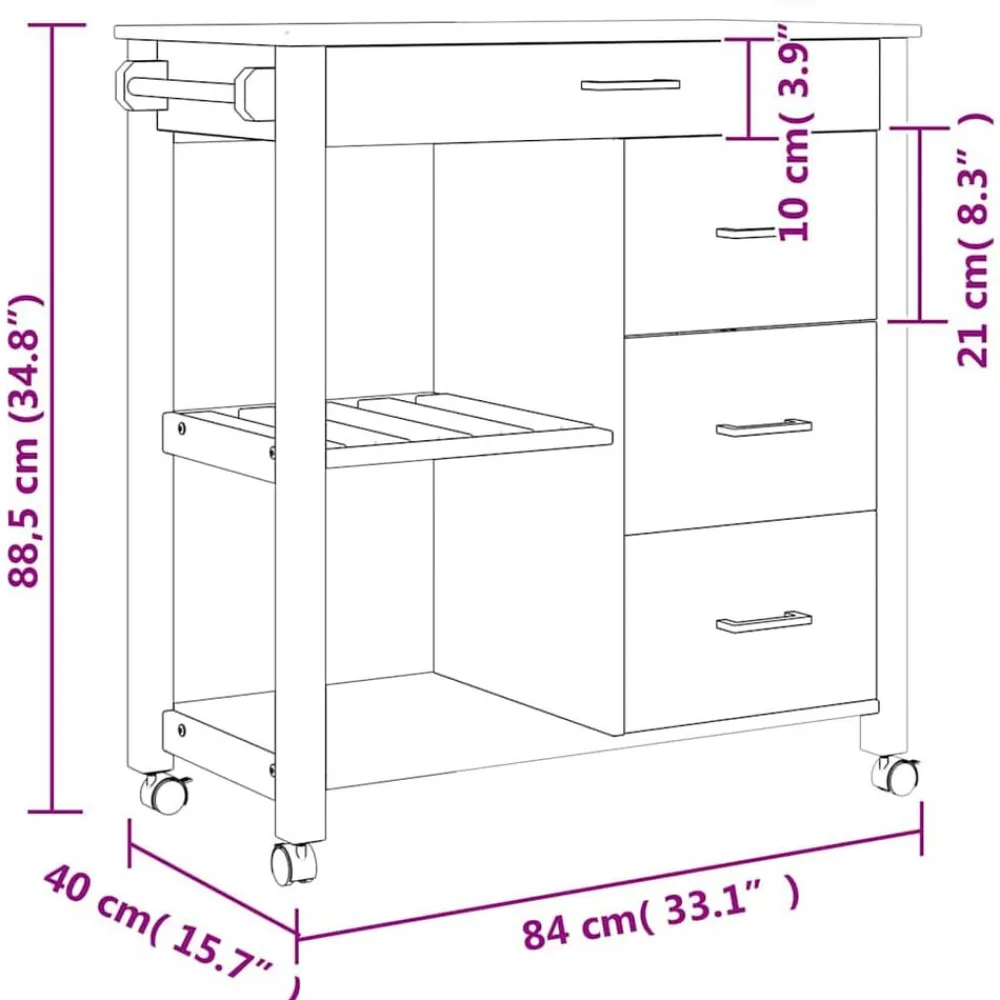 vidaXL Carros E Islas-Carrito de cocina MONZA madera maciza de pino 84x40x88,5 cm